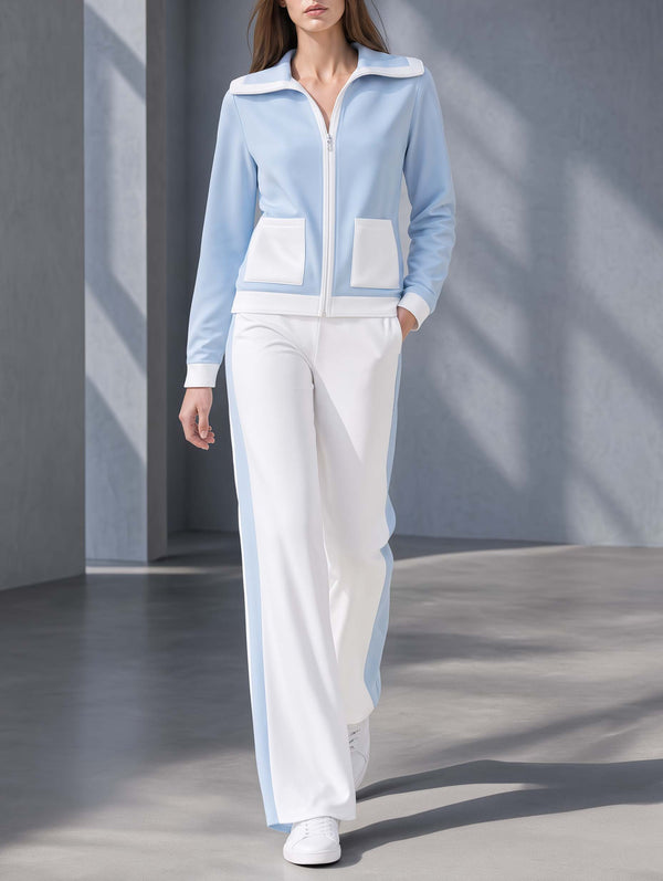 Light Blue Collared Long-sleeve Jacket And White Wide-leg Trousers Set