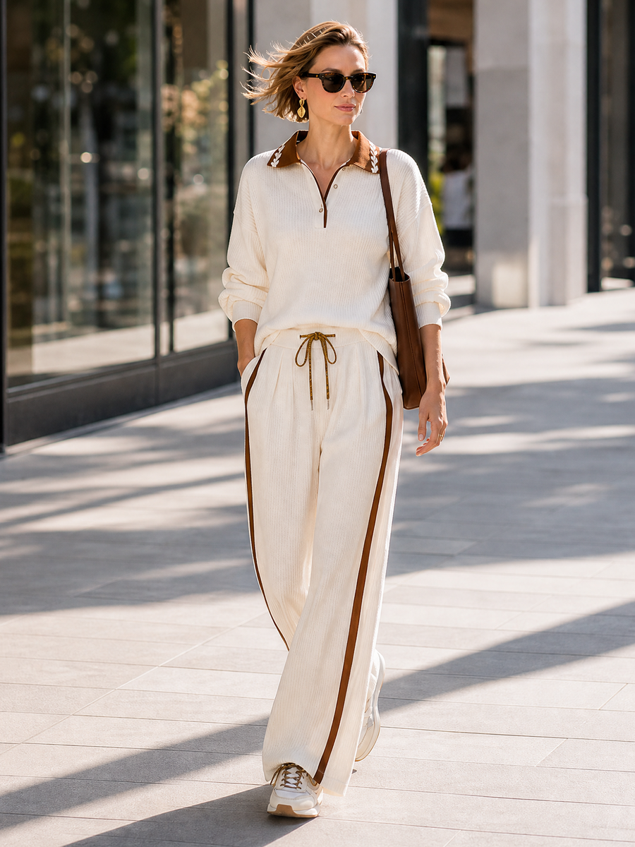 Off-white Ribbed Polo Top With Contrasting Collar And Side-stripe Wide-leg Trousers Set