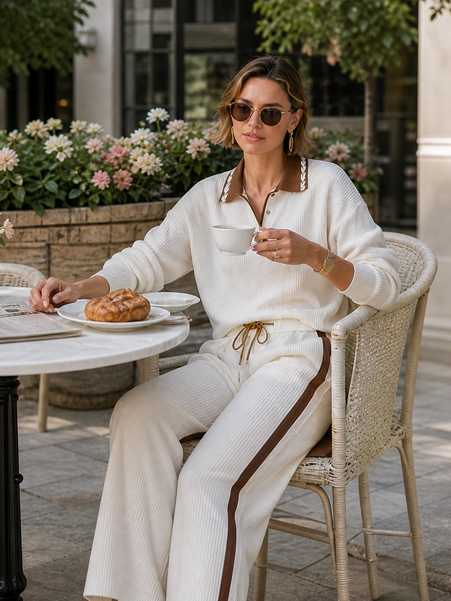 Off-white Ribbed Polo Top With Contrasting Collar And Side-stripe Wide-leg Trousers Set
