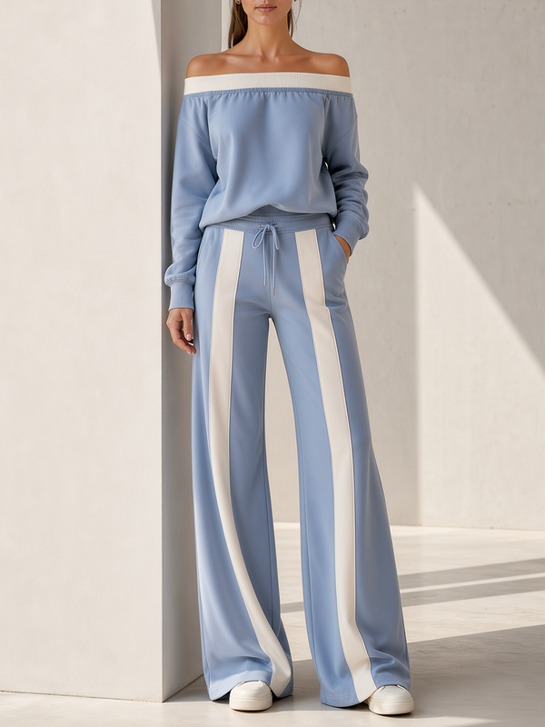 Light Blue Off‑Shoulder Long Sleeve Top Contrast Vertical Stripe Wide Leg Pants Set