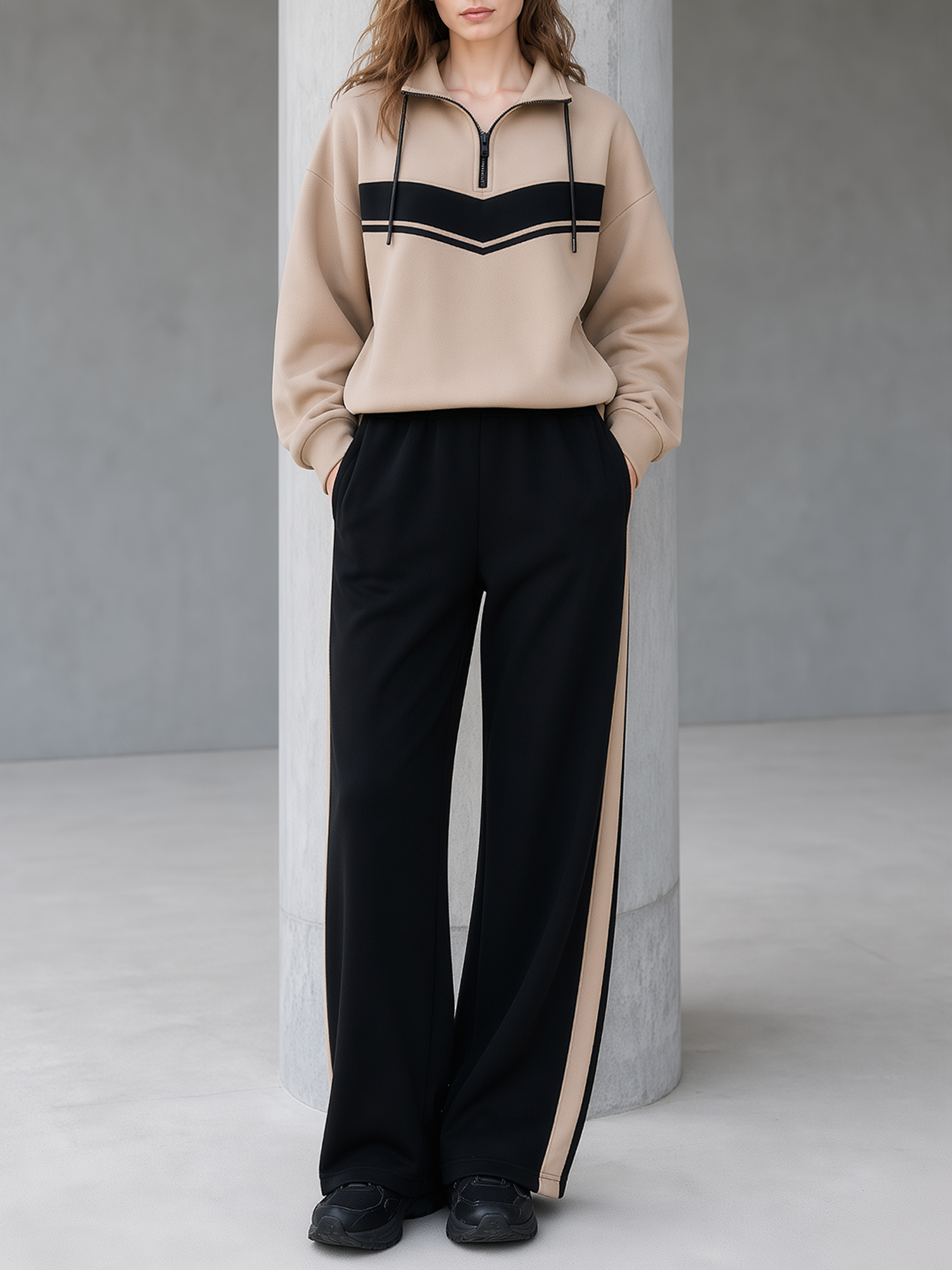 Khaki Color‑Block Half‑Zip Stand Collar Sweatshirt Side Stripe Black Wide Leg Pants Set