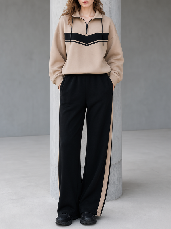 Khaki Color‑Block Half‑Zip Stand Collar Sweatshirt Side Stripe Black Wide Leg Pants Set