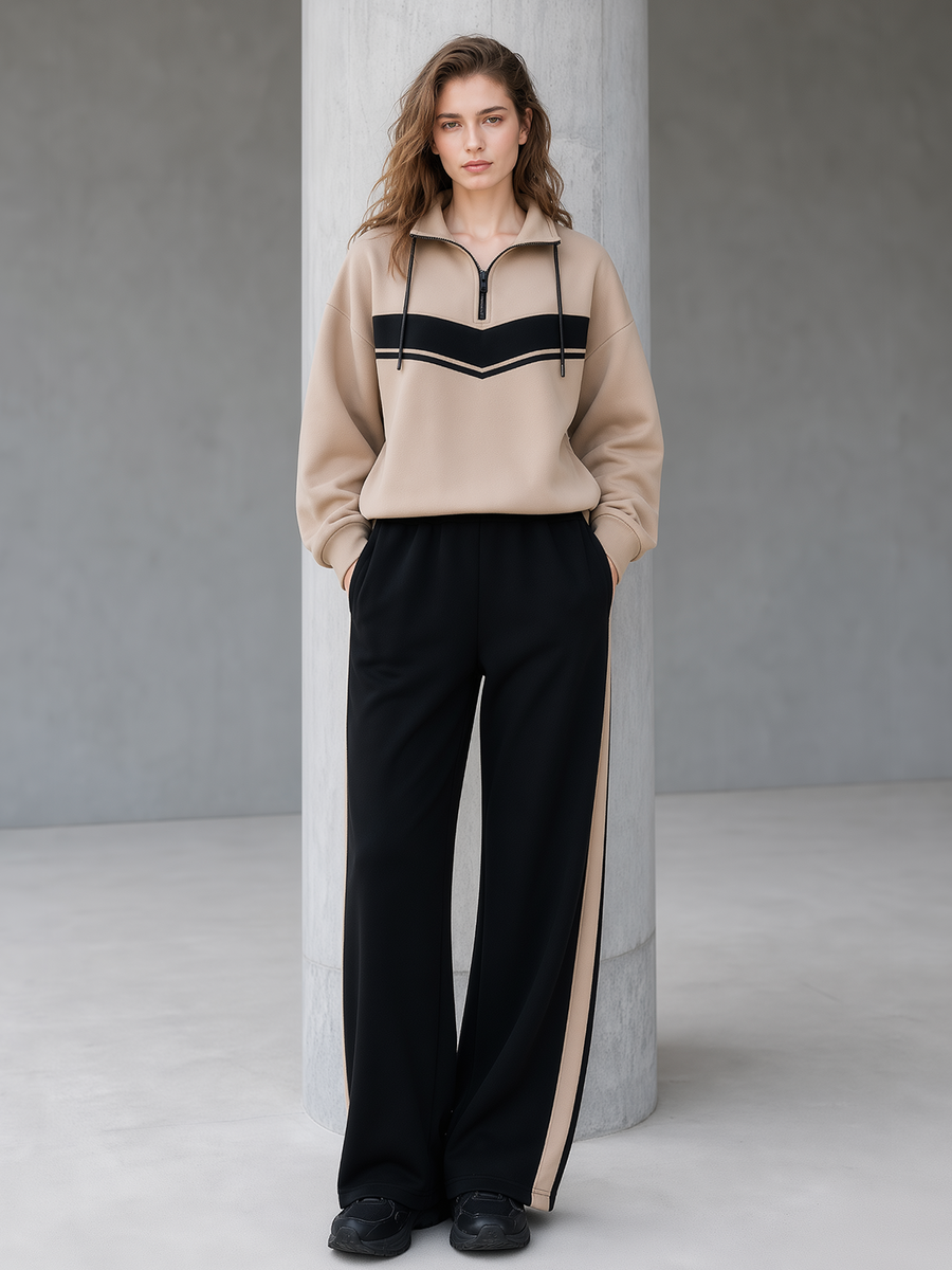 Khaki Color‑Block Half‑Zip Stand Collar Sweatshirt Side Stripe Black Wide Leg Pants Set