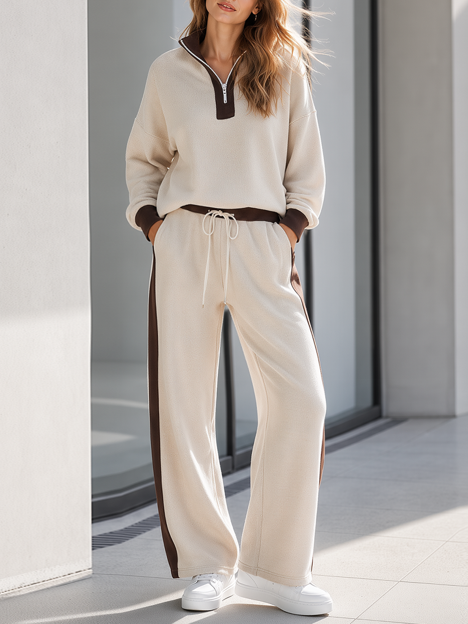 Oatmeal-colored Color-block Half-zip Mock-neck Top And Color-block Side-stripe Pants Set