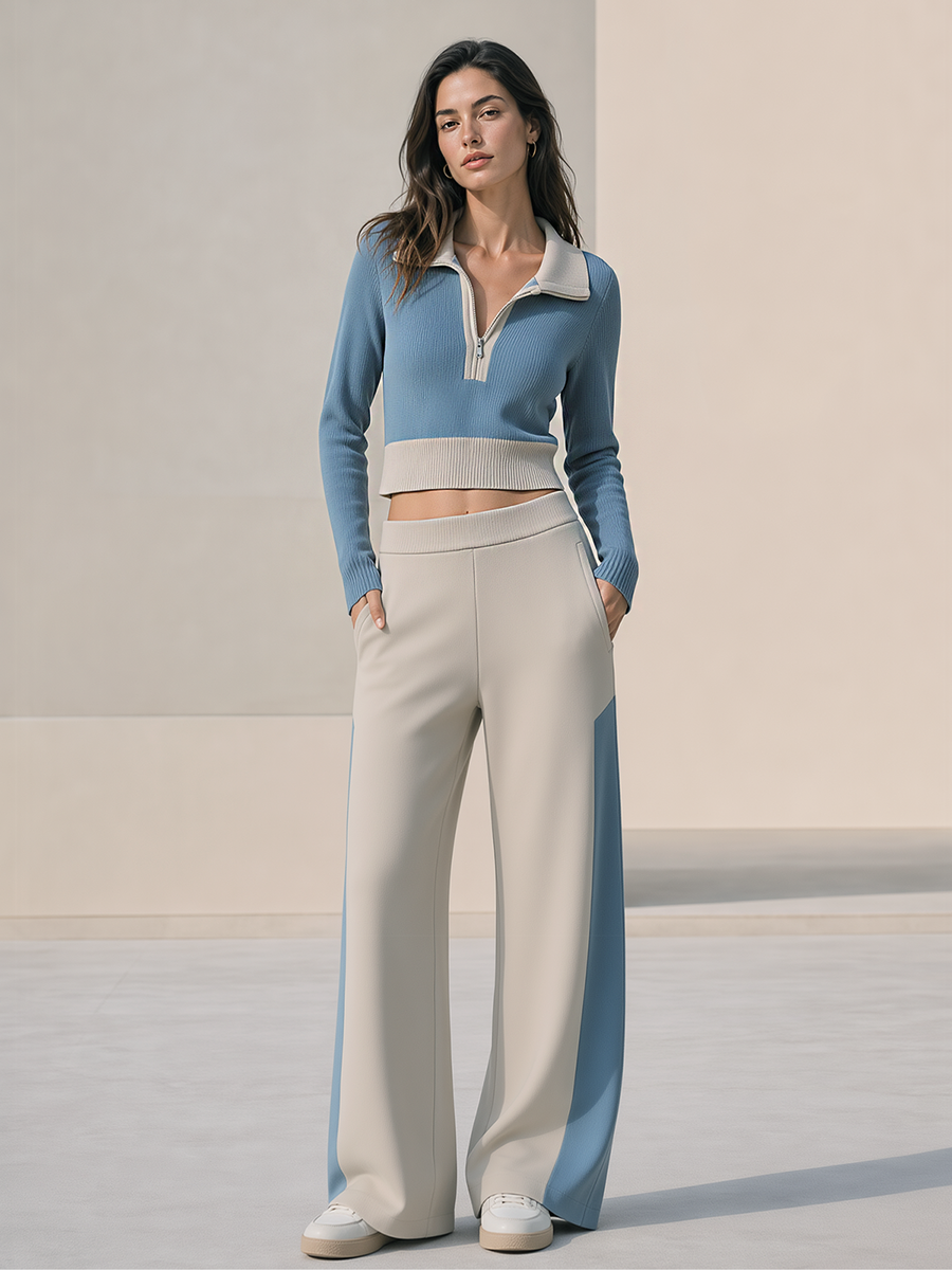 Blue Beige Color‑Block Half‑Zip Cropped Collared Knit Top Color‑Block Wide Leg Pants Set