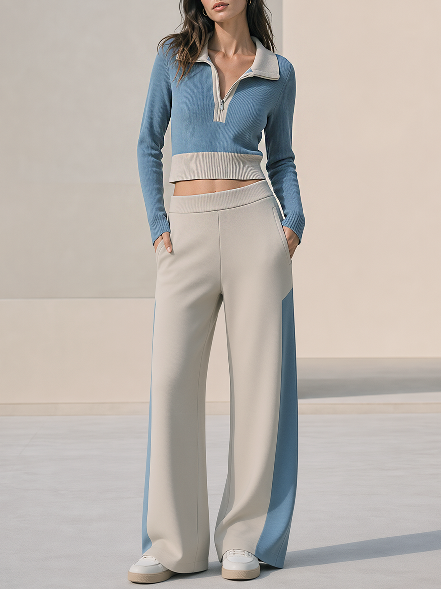 Blue Beige Color‑Block Half‑Zip Cropped Collared Knit Top Color‑Block Wide Leg Pants Set