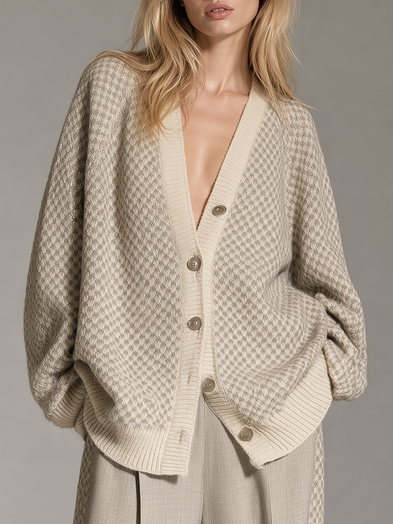 Oatmeal Checkered V‑Neck Button Down Loose Knit Cardigan