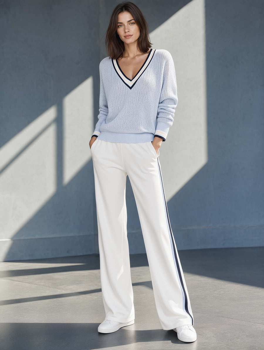 Stylish Casual Light Blue V-neck Long-sleeve Sweater And White Trousers Set