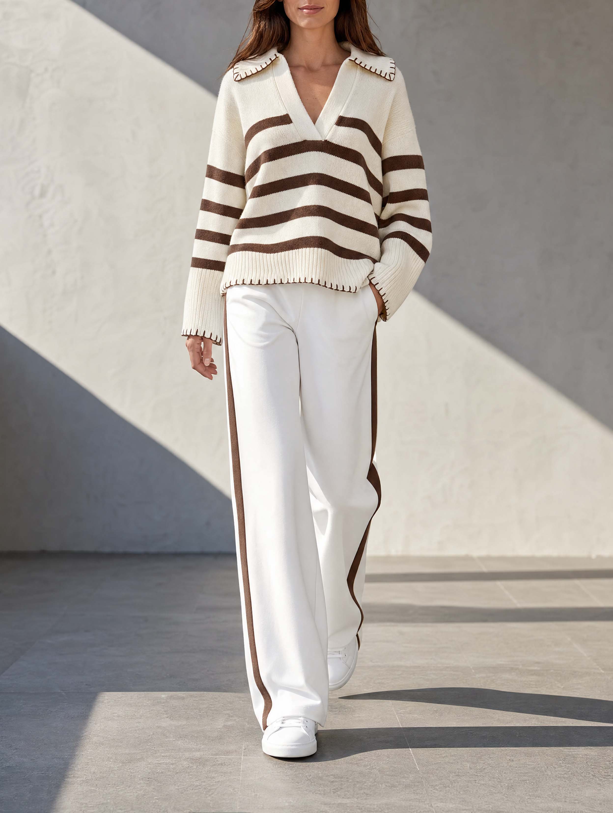 Off-white And Brown Striped V-neck Long-sleeve Sweater And Trousers Set