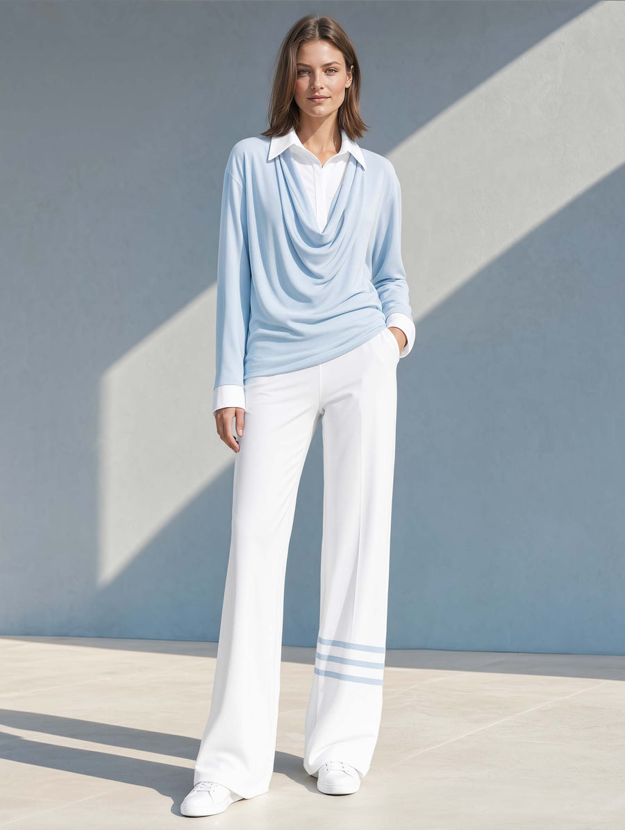 Light Blue And White Long-sleeved "faux-layered" Top And White Trousers Set