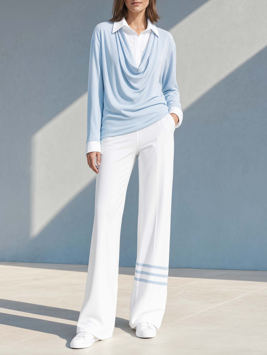Light Blue And White Long-sleeved "faux-layered" Top And White Trousers Set