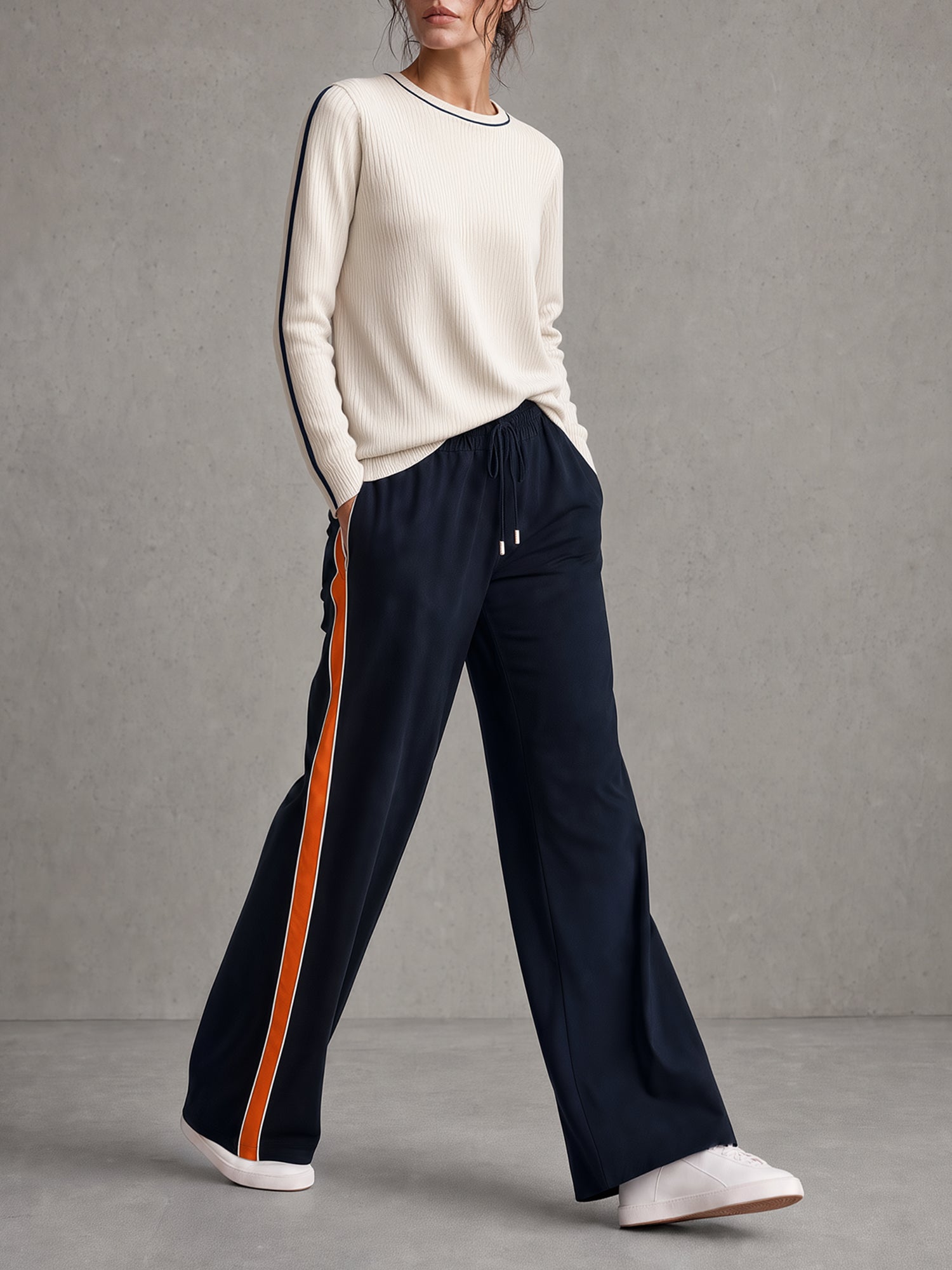 Cream Ribbed Crewneck Knit Top & Navy Orange Side‑Stripe Wide‑Leg Drawstring Pants Set