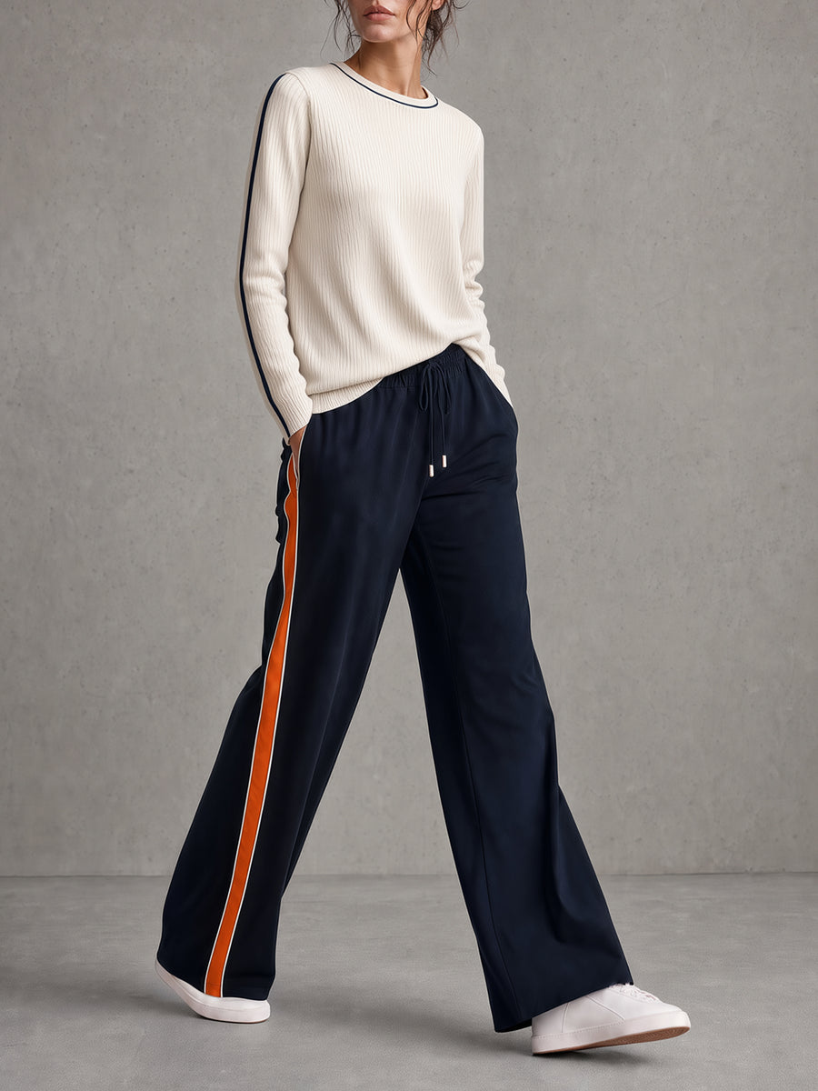 Cream Ribbed Crewneck Knit Top & Navy Orange Side‑Stripe Wide‑Leg Drawstring Pants Set