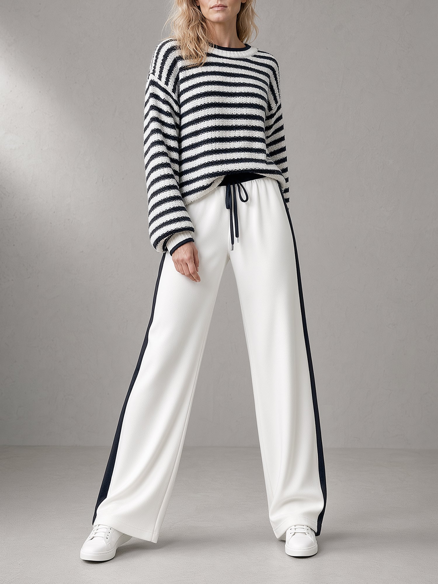 Striped Knit Sweater & White Stripe Wide-Leg Pants Set