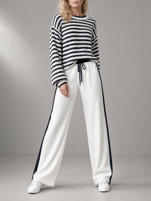 Striped Knit Sweater & White Stripe Wide-Leg Pants Set