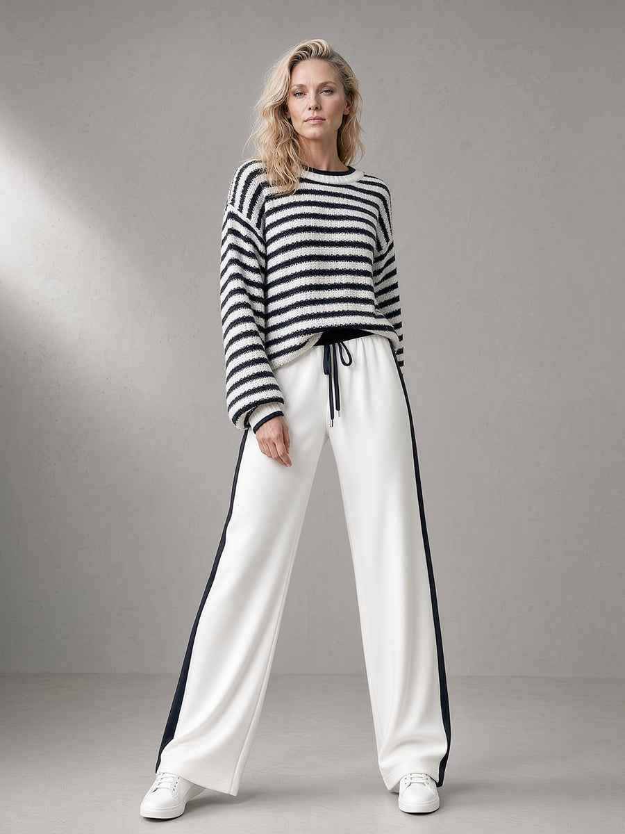Striped Knit Sweater & White Stripe Wide-Leg Pants Set