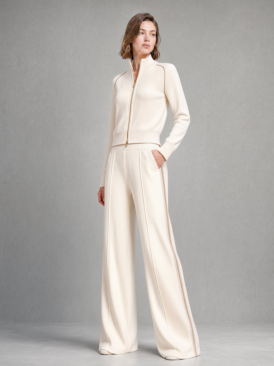 Cream Ribbed Zip-Up Knit Jacket & Wide-Leg Pants Set