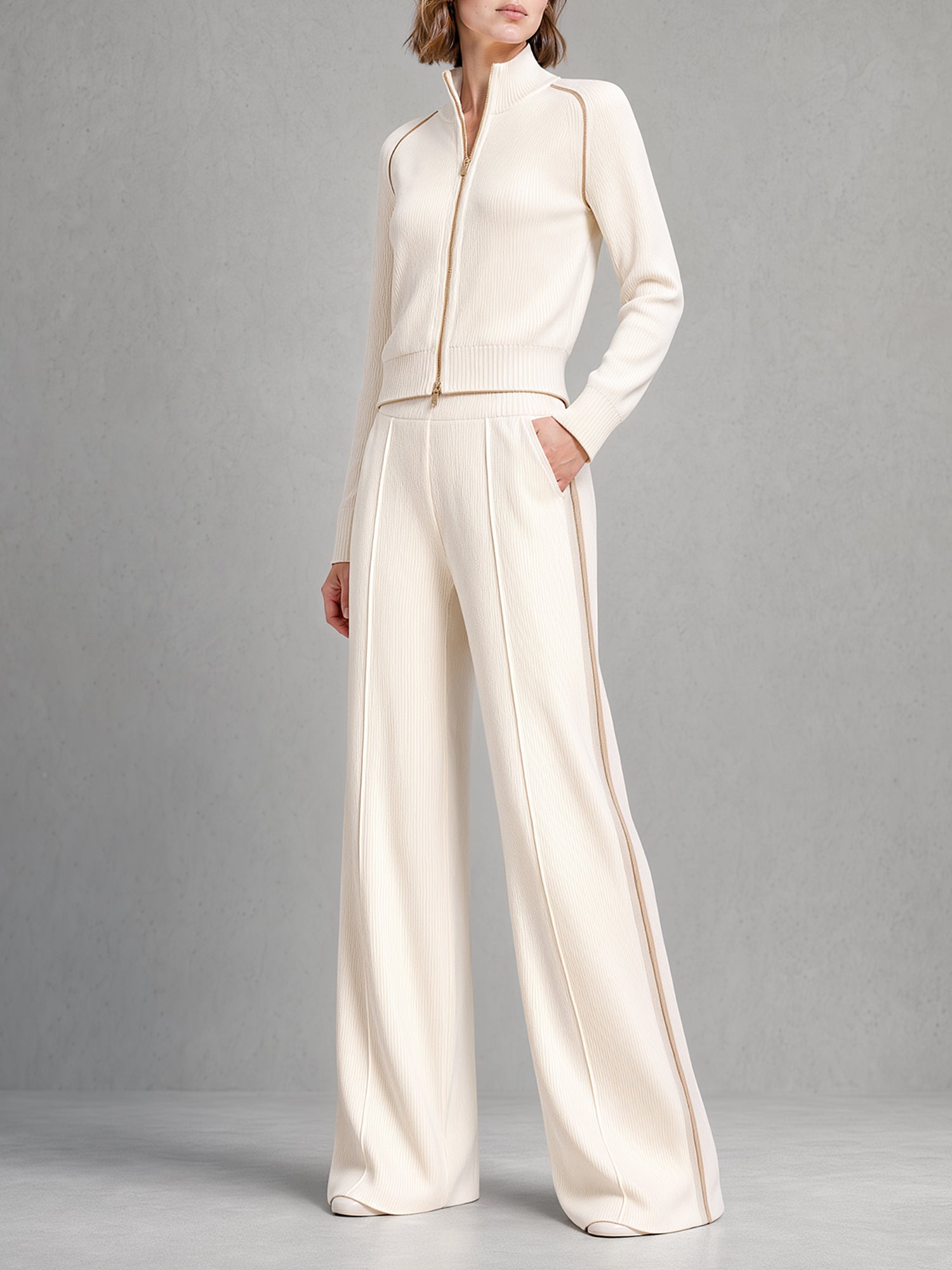 Cream Ribbed Zip-Up Knit Jacket & Wide-Leg Pants Set