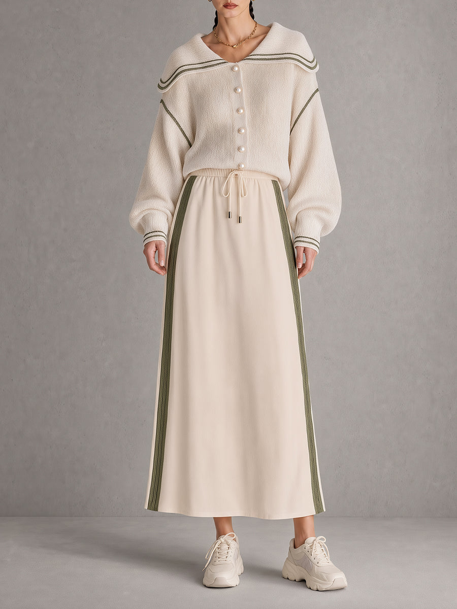 Cream Sailor Collar Knit Sweater & Stripe Midi Skirt Set
