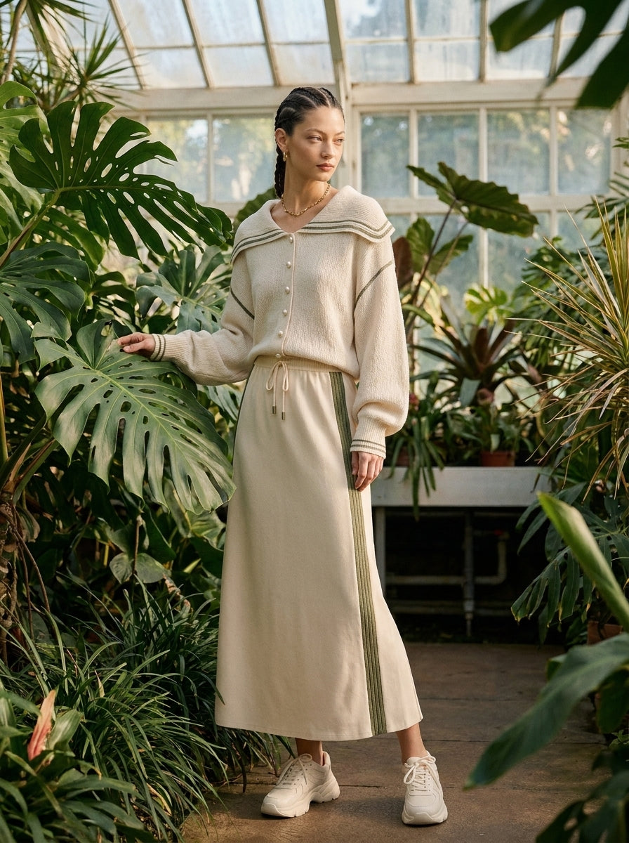 Cream Sailor Collar Knit Sweater & Stripe Midi Skirt Set