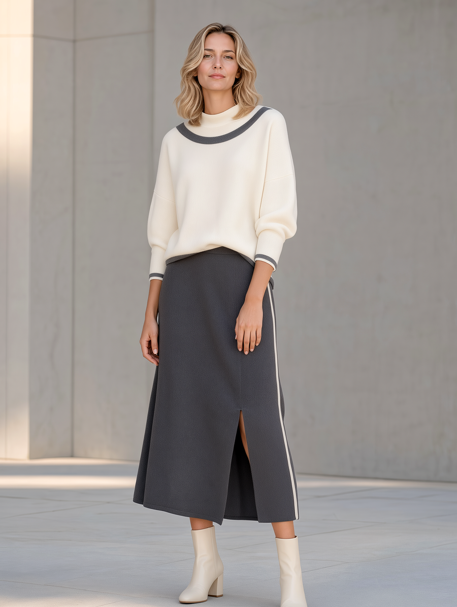 Off-white Loose-fit Knit Sweater And Slit Skirt Set