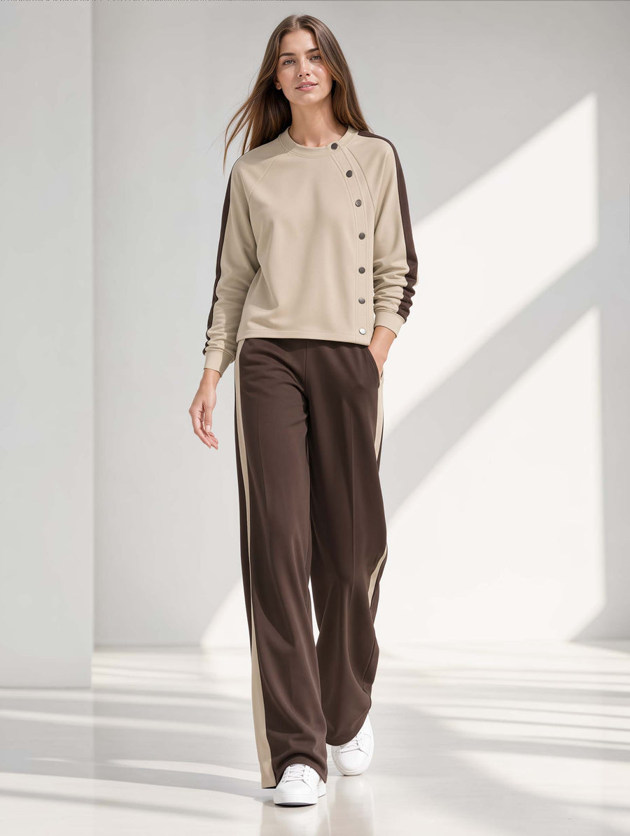 Stylish Khaki Long-Sleeve Color-Block Single-Breasted Top And Wide-Leg Pants Set