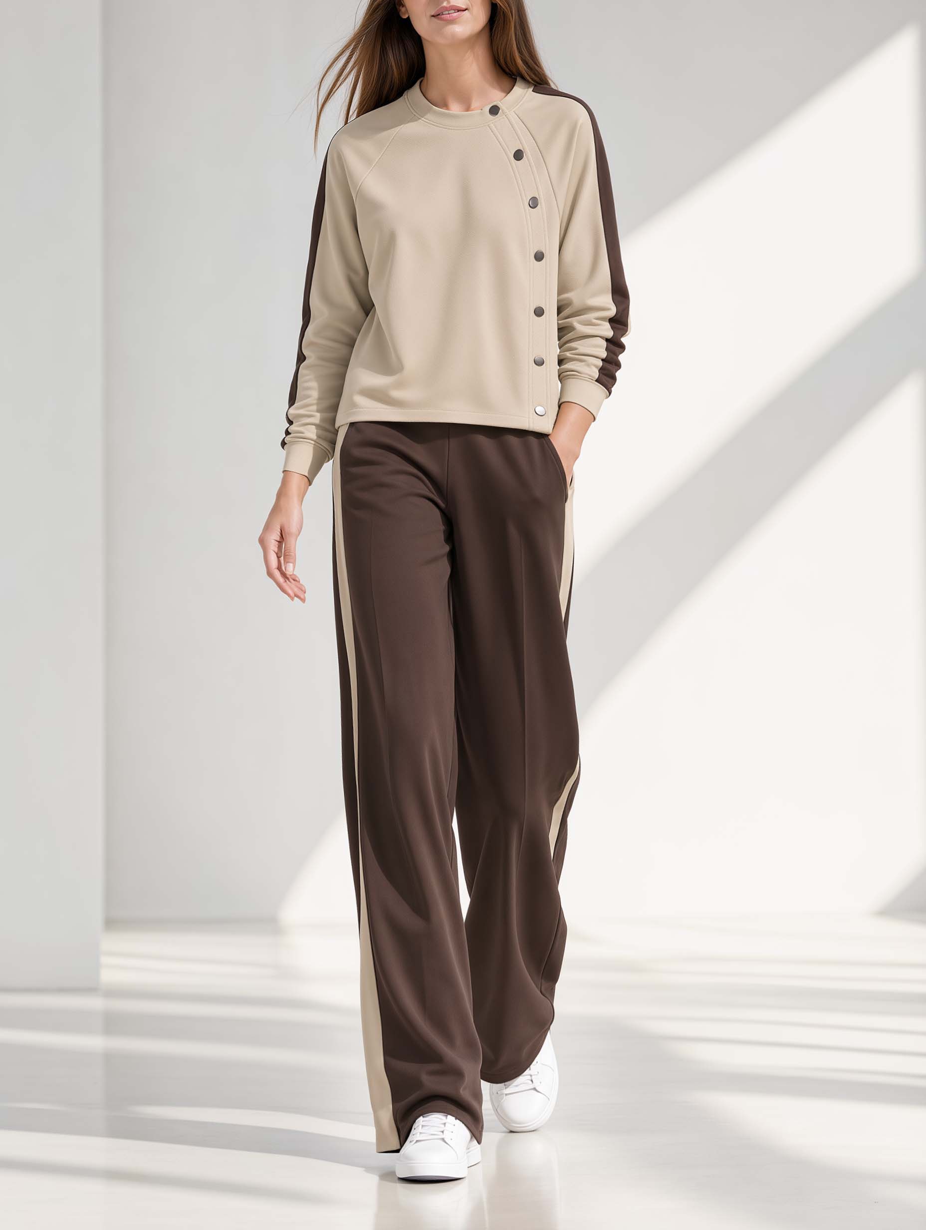 Stylish Khaki Long-Sleeve Color-Block Single-Breasted Top And Wide-Leg Pants Set