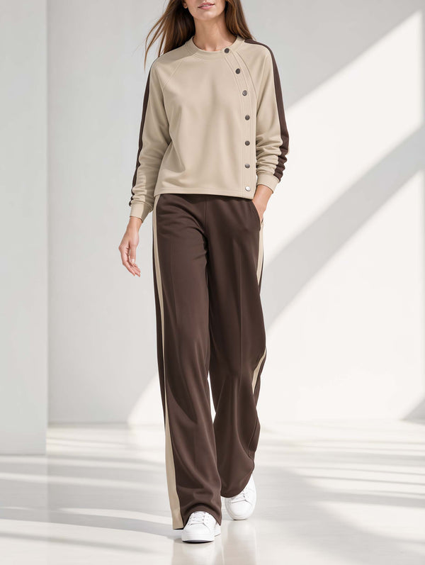 Stylish Khaki Long-Sleeve Color-Block Single-Breasted Top And Wide-Leg Pants Set