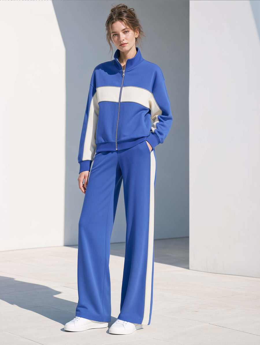 Athleisure-style Blue Color-block Long-sleeve Jacket And Trousers Set