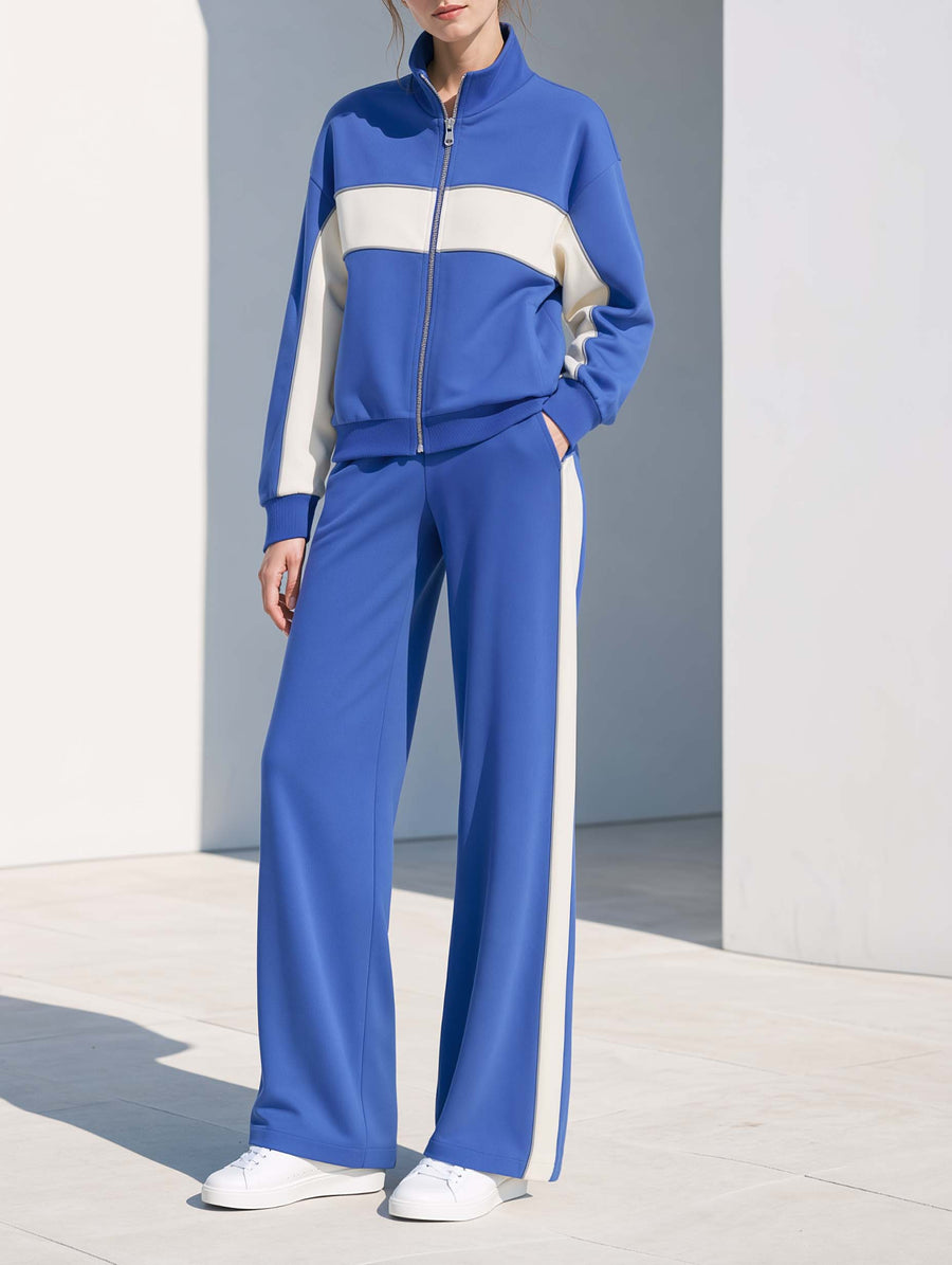 Athleisure-style Blue Color-block Long-sleeve Jacket And Trousers Set