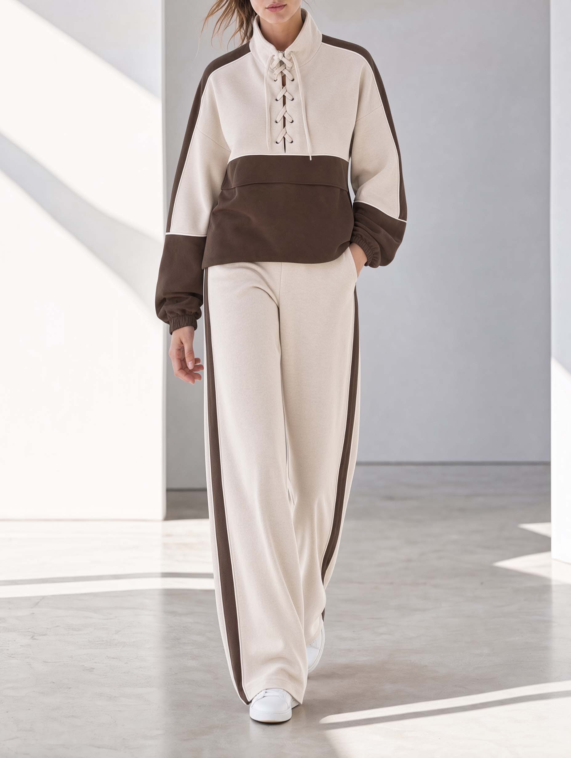 Khaki And Brown Color-block High-neck Long-sleeve Top And Wide-leg Trousers Set With Lace-up Detailing