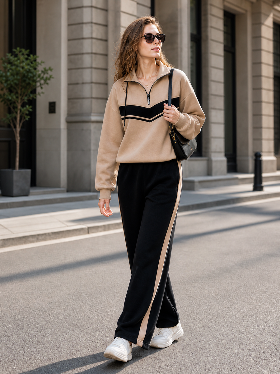 Khaki Color‑Block Half‑Zip Stand Collar Sweatshirt Side Stripe Black Wide Leg Pants Set