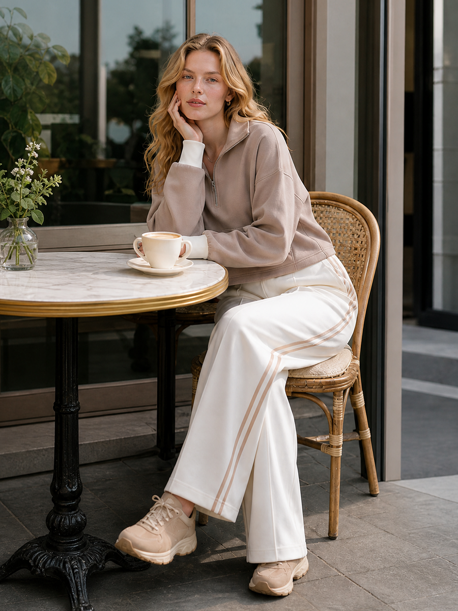 Khaki Cropped Half-zip Sweatshirt With Pockets And Off-white Wide-leg Pants Set
