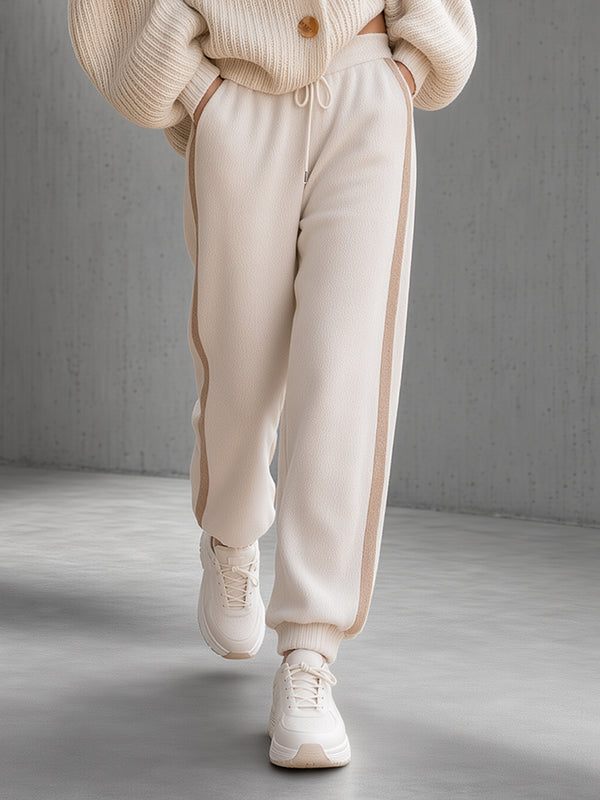 Beige Contrast Side-Stripe Drawstring Waist Ribbed-Cuff Knit Joggers