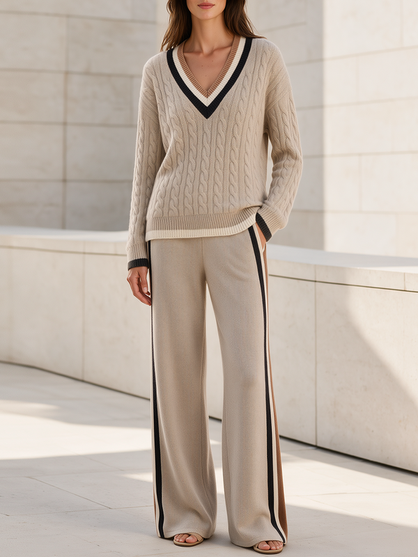 Oatmeal-colored Cable-knit V-neck Color-block Sweater And Side-tape Wide-leg Pants Set