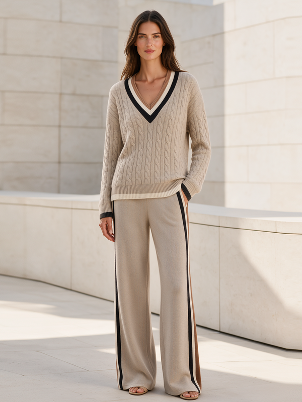 Oatmeal-colored Cable-knit V-neck Color-block Sweater And Side-tape Wide-leg Pants Set