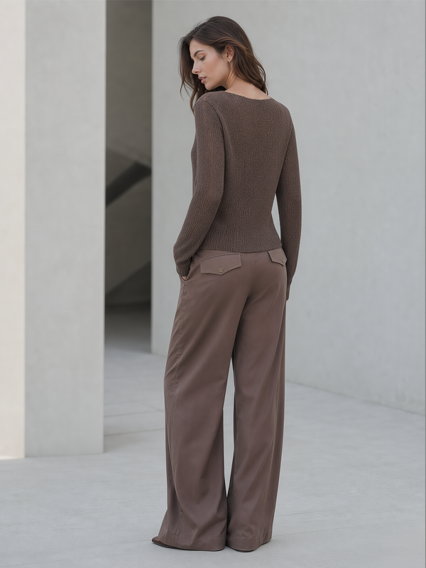 Oatmeal-colored Cable-knit V-neck Color-block Sweater And Side-tape Wide-leg Pants Set