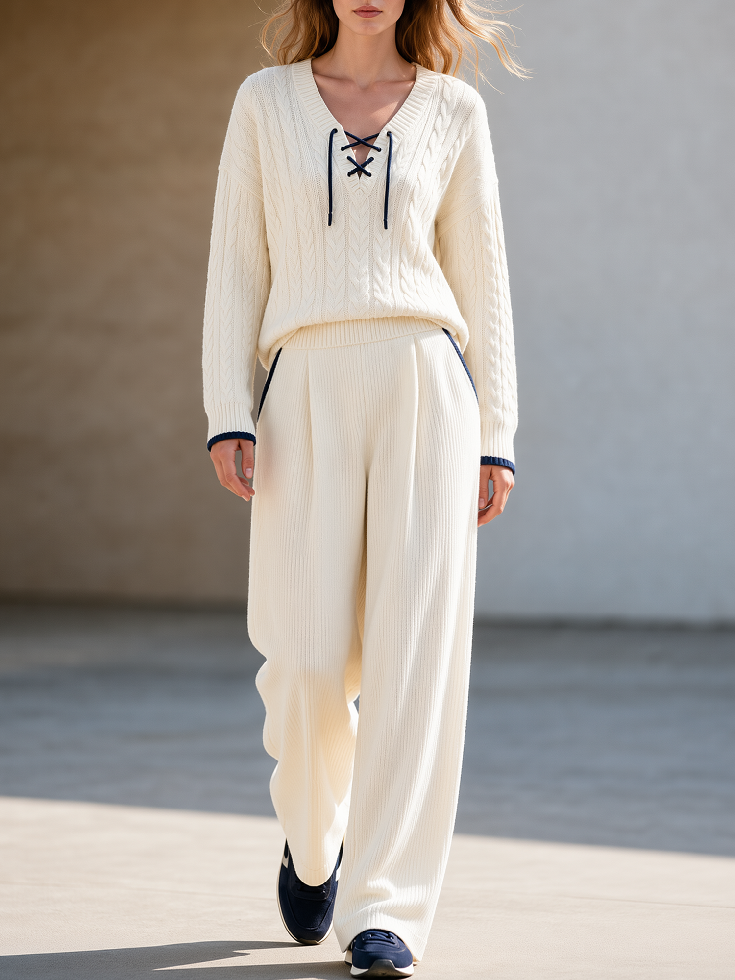 Off‑White V‑Neck Lace‑Up Cable Knit Top Navy Contrast Trim Wide Leg Pants Set