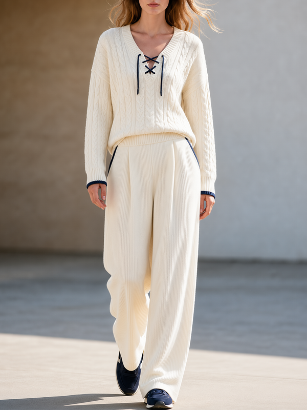 Off‑White V‑Neck Lace‑Up Cable Knit Top Navy Contrast Trim Wide Leg Pants Set