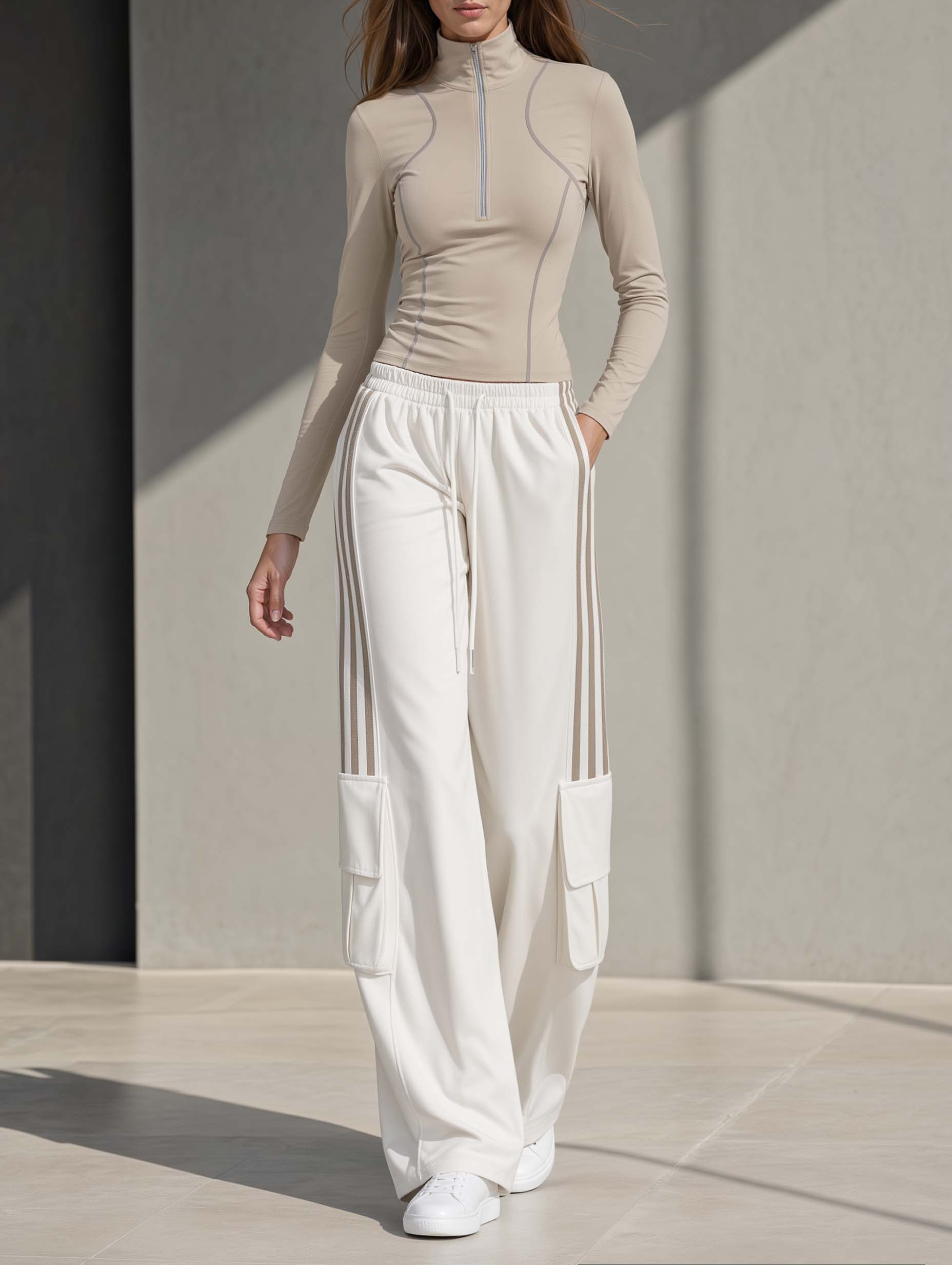 Athleisure-style Khaki Slim-fit Long-sleeve Half-zip Top And Trendy Wide-leg Pants Set