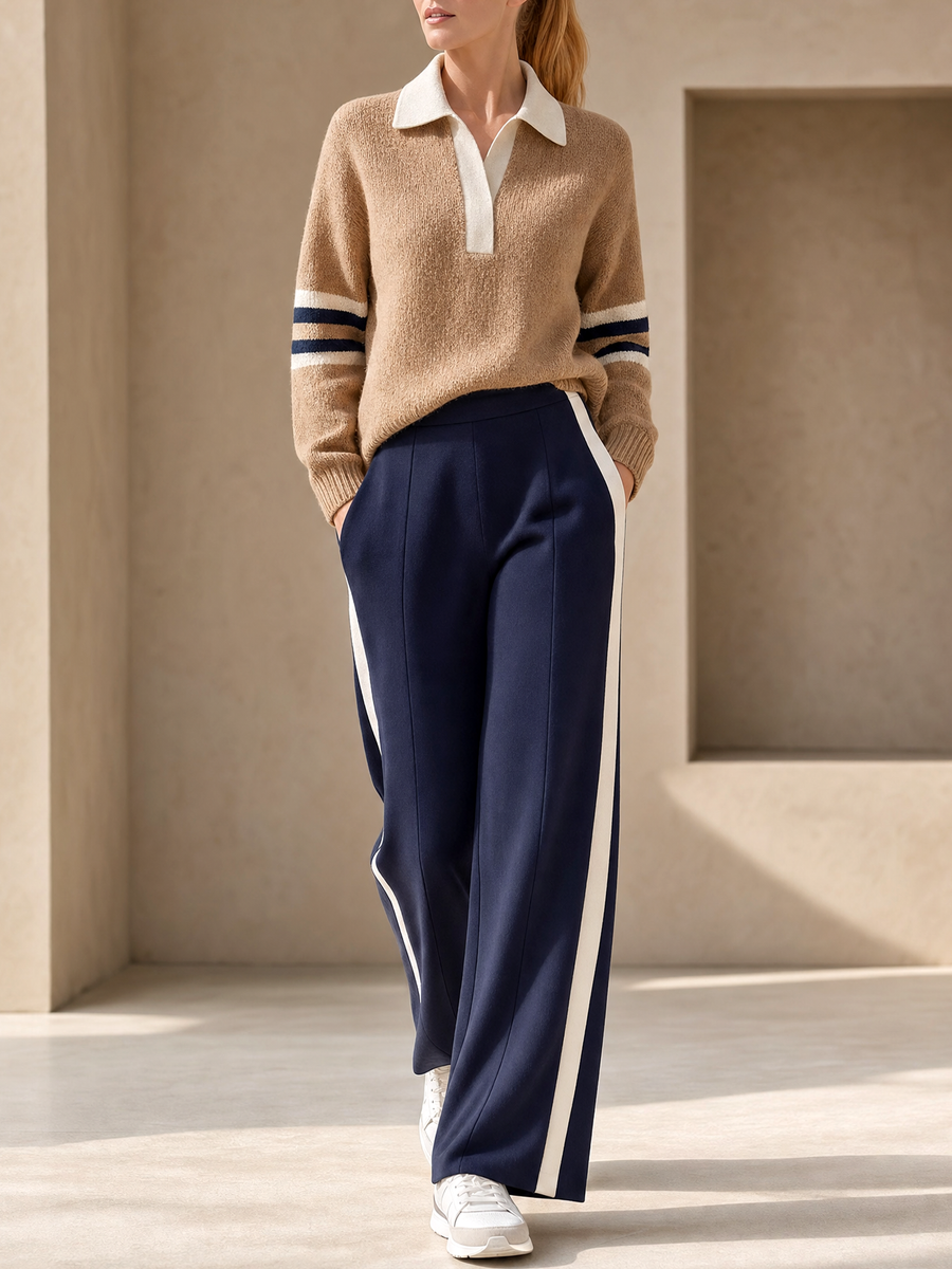 Camel Collared Sweater And Drapey Wide-Leg Pants Set