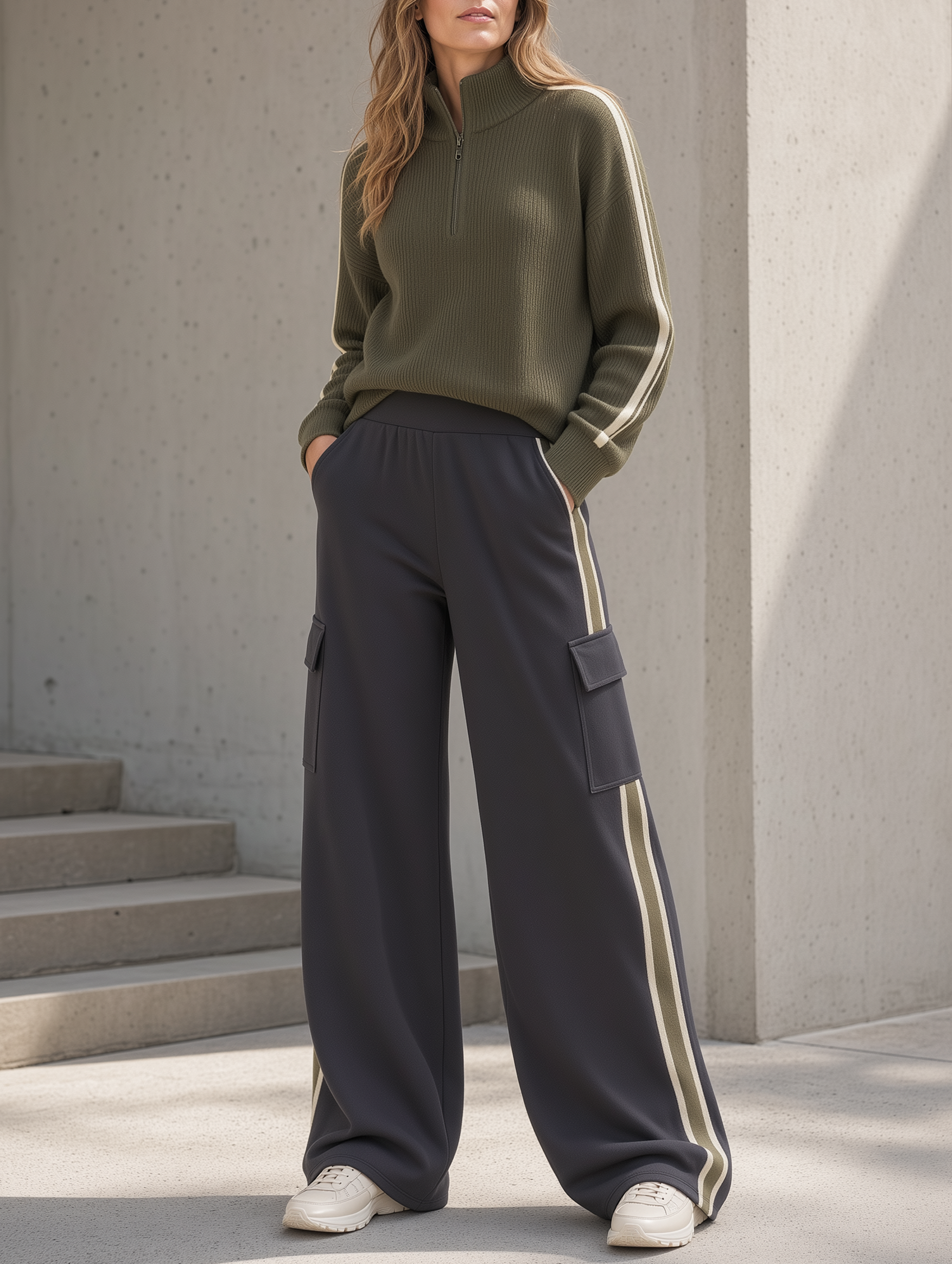 Army Green Half-zip Knit Sweatshirt And Wide-leg Utility Trousers Set