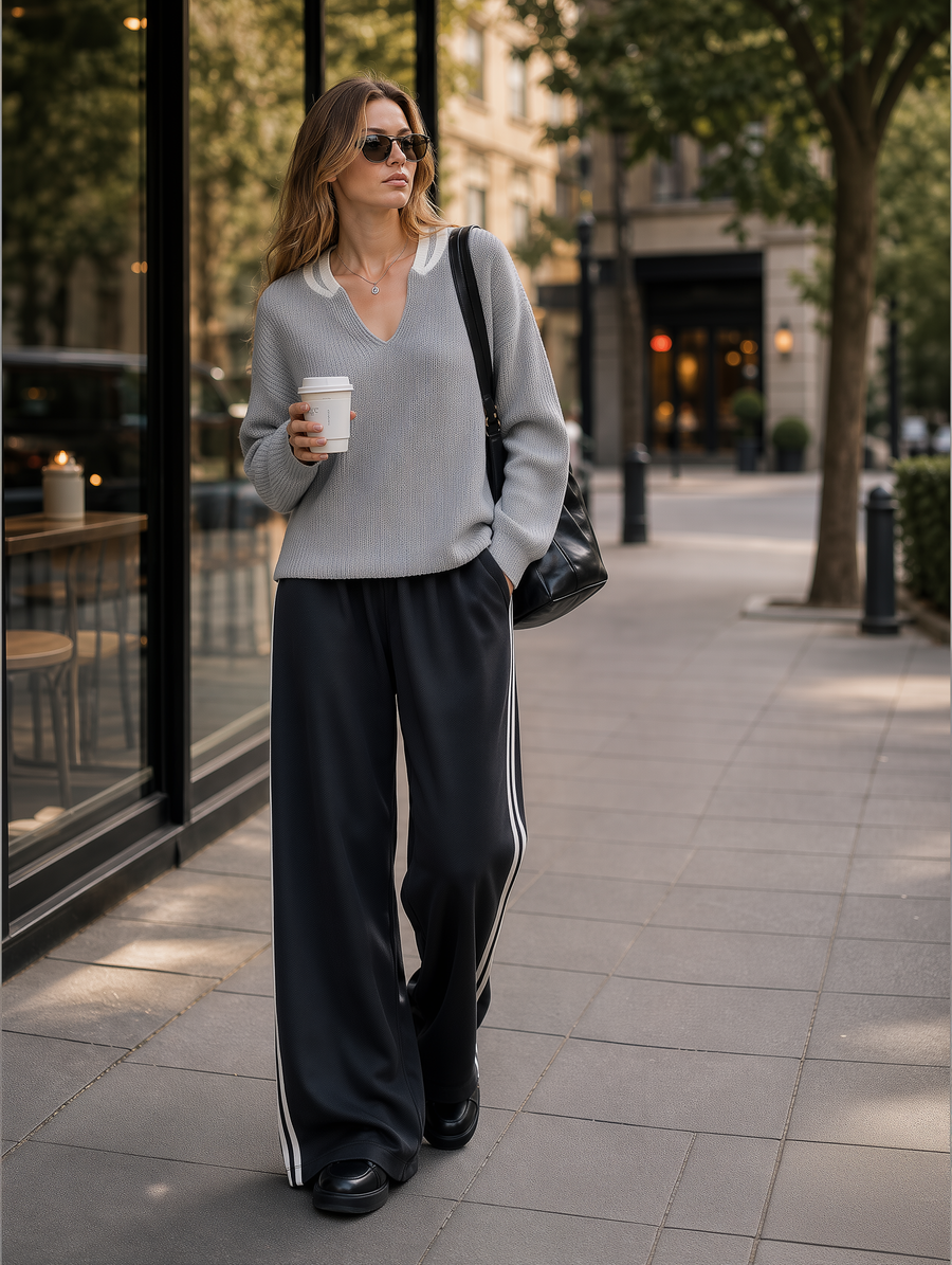 Grey V-neck Loose-fit Sweater With Contrasting Details And Side-stripe Wide-leg Pants Set