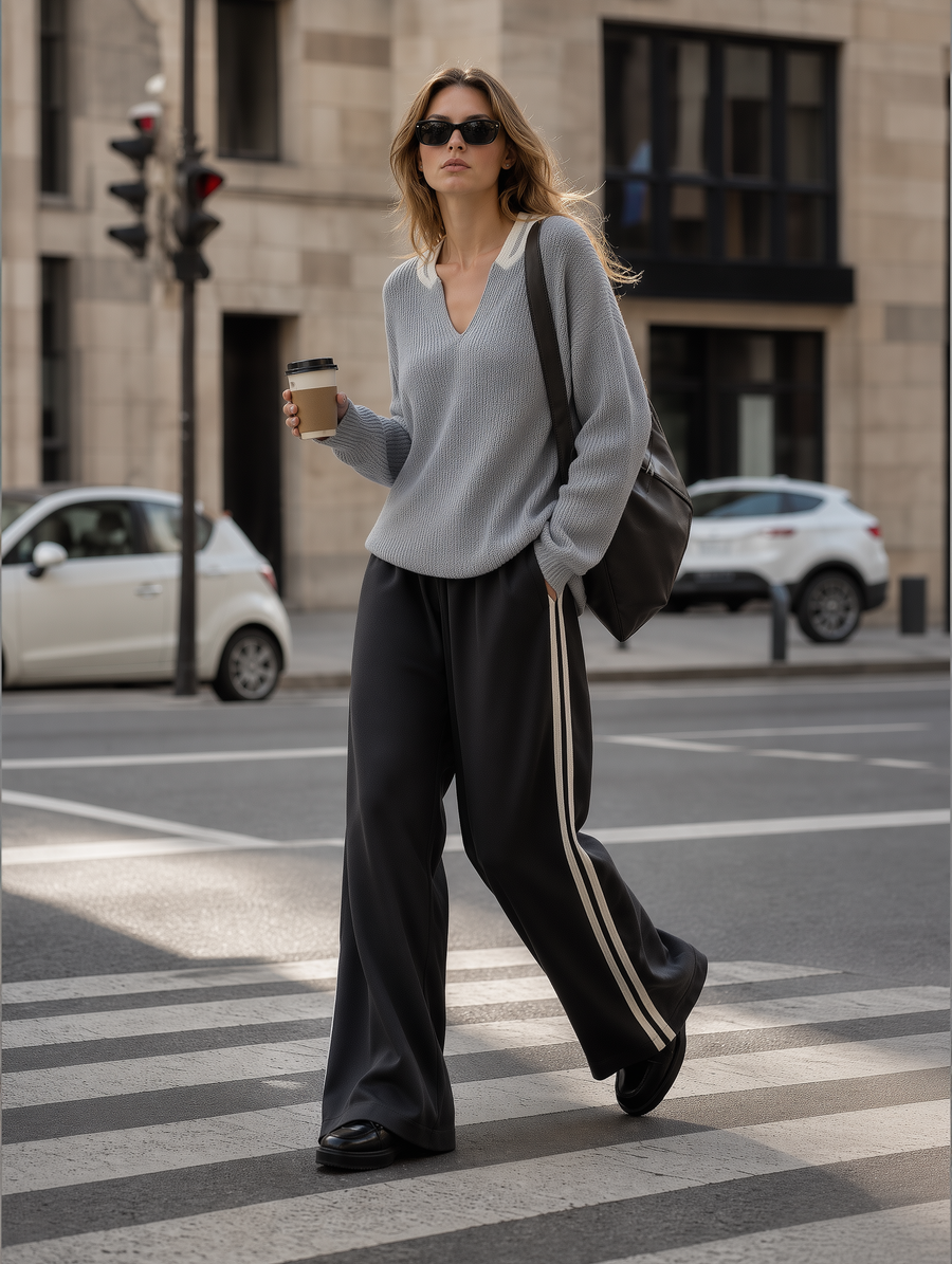 Grey V-neck Loose-fit Sweater With Contrasting Details And Side-stripe Wide-leg Pants Set