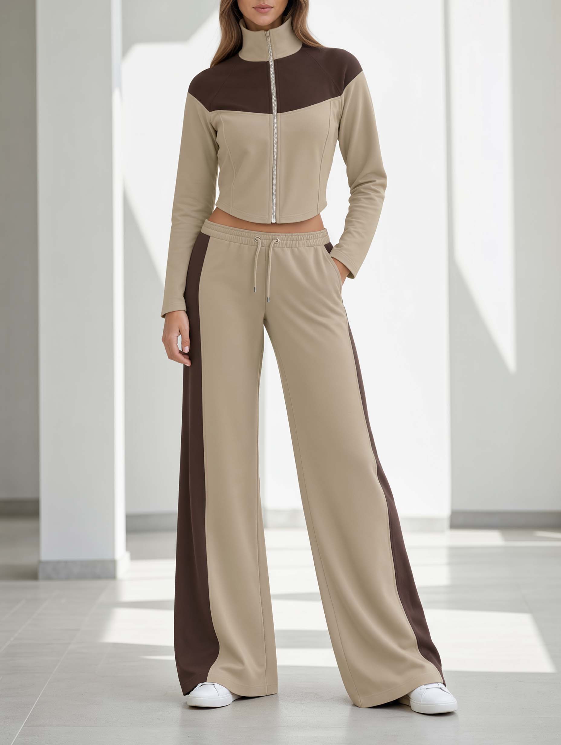Khaki And Brown Color-block Long-sleeve High-neck Jacket And Wide-leg Trousers Set