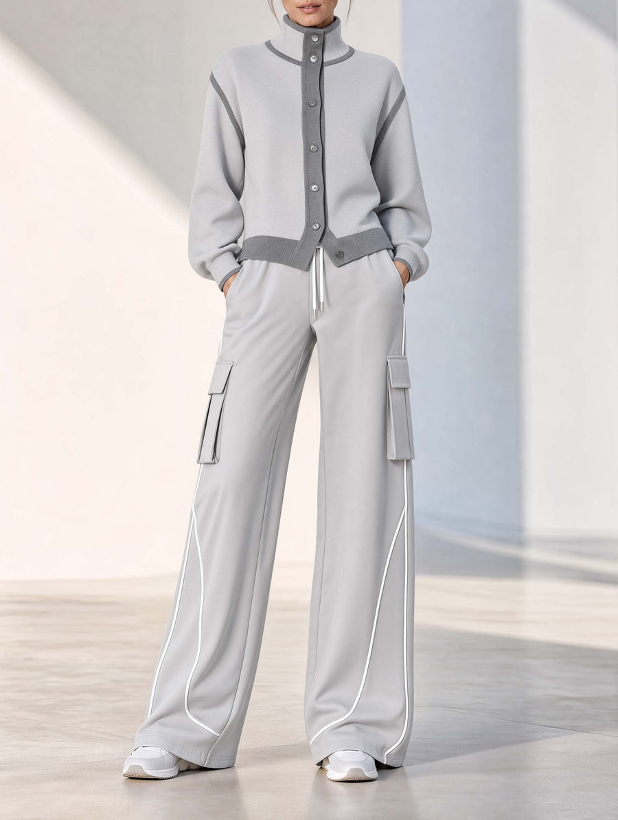 Grey-toned Single-breasted Long-sleeve Top And Utility-style Wide-leg Trousers Set