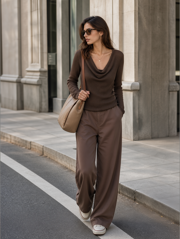 Oatmeal-colored Cable-knit V-neck Color-block Sweater And Side-tape Wide-leg Pants Set