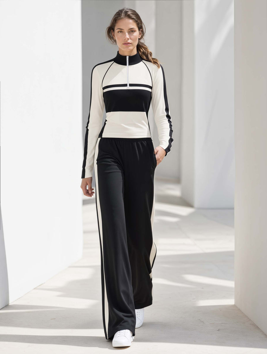 Fitted Black-and-white Color-block Long-sleeve Half-zip Top And Trousers Set