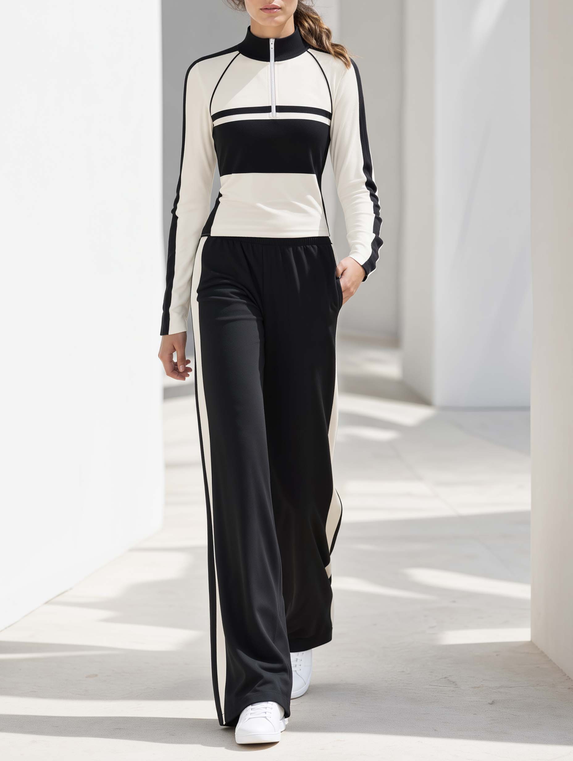 Fitted Black-and-white Color-block Long-sleeve Half-zip Top And Trousers Set
