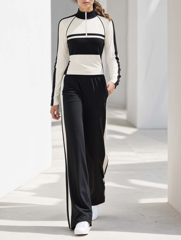 Fitted Black-and-white Color-block Long-sleeve Half-zip Top And Trousers Set